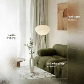 Olive green, light taupe, vanilla color palette interior design