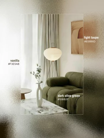 Olive green, light taupe, vanilla color palette interior design