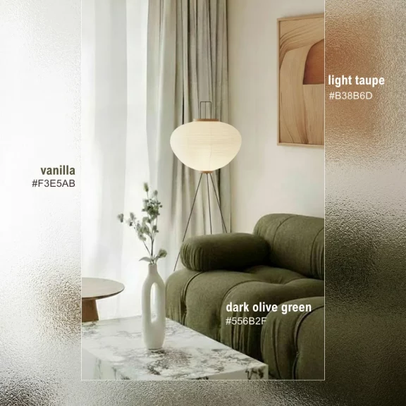 Olive green, light taupe, vanilla color palette interior design