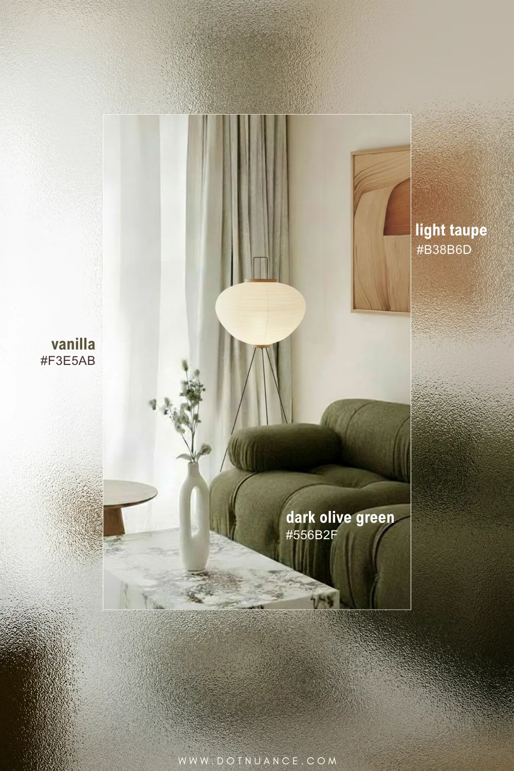 Olive green, light taupe, vanilla color palette interior design